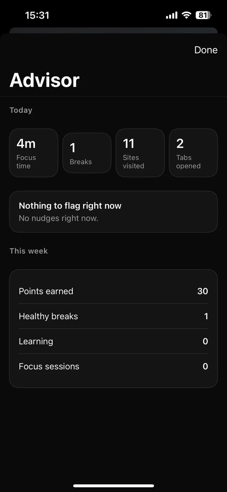 VISION on iPhone: the Advisor screen with today's focus time, breaks, sites visited and tabs opened, and this week's points.