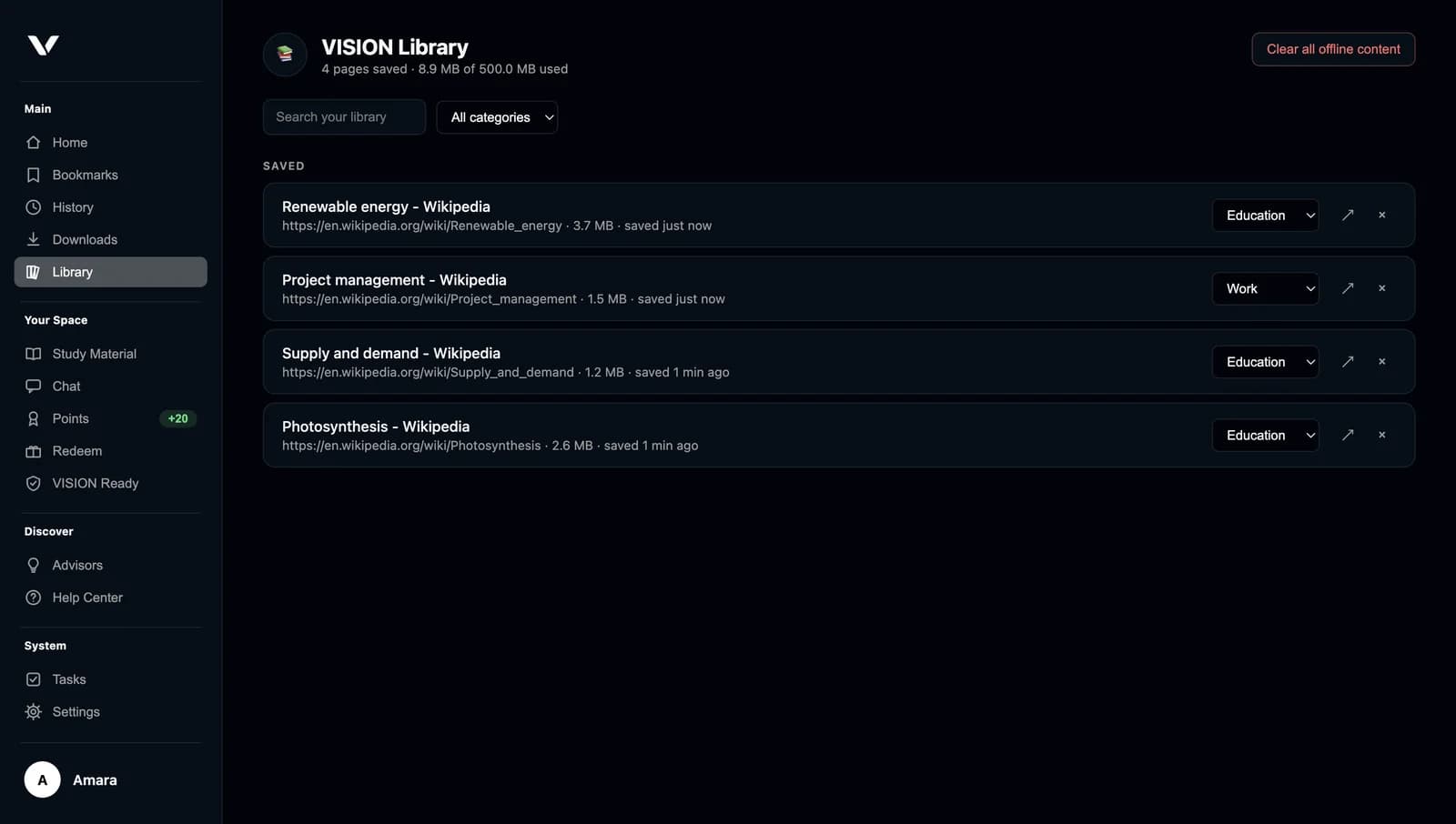 The VISION Library with four pages saved for offline access, each tagged Education or Work, and the storage used.