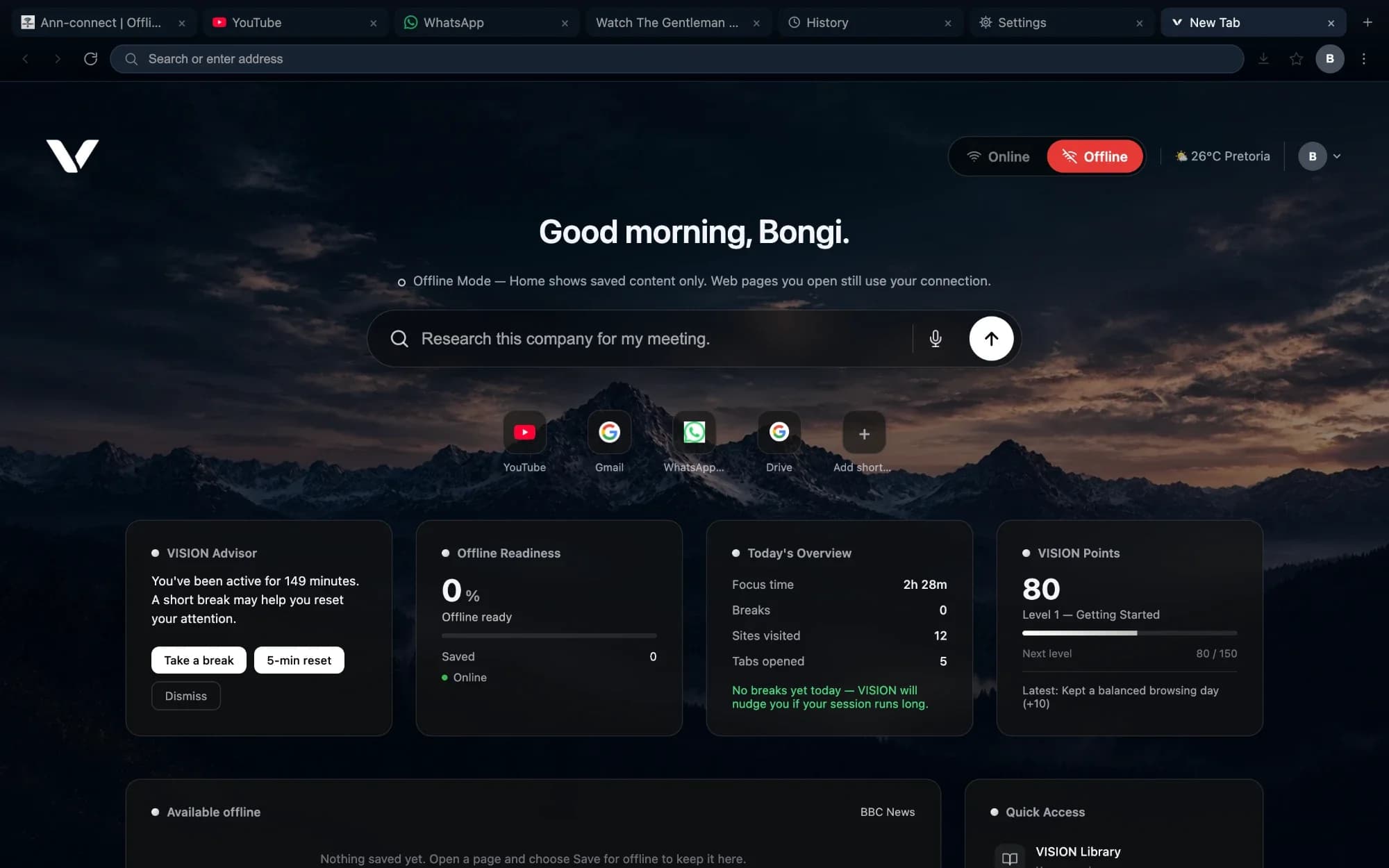 The VISION new tab page with a greeting, the Ask VISION search box, shortcuts, and cards for VISION Advisor, Offline Readiness, Today's Overview and VISION Points.