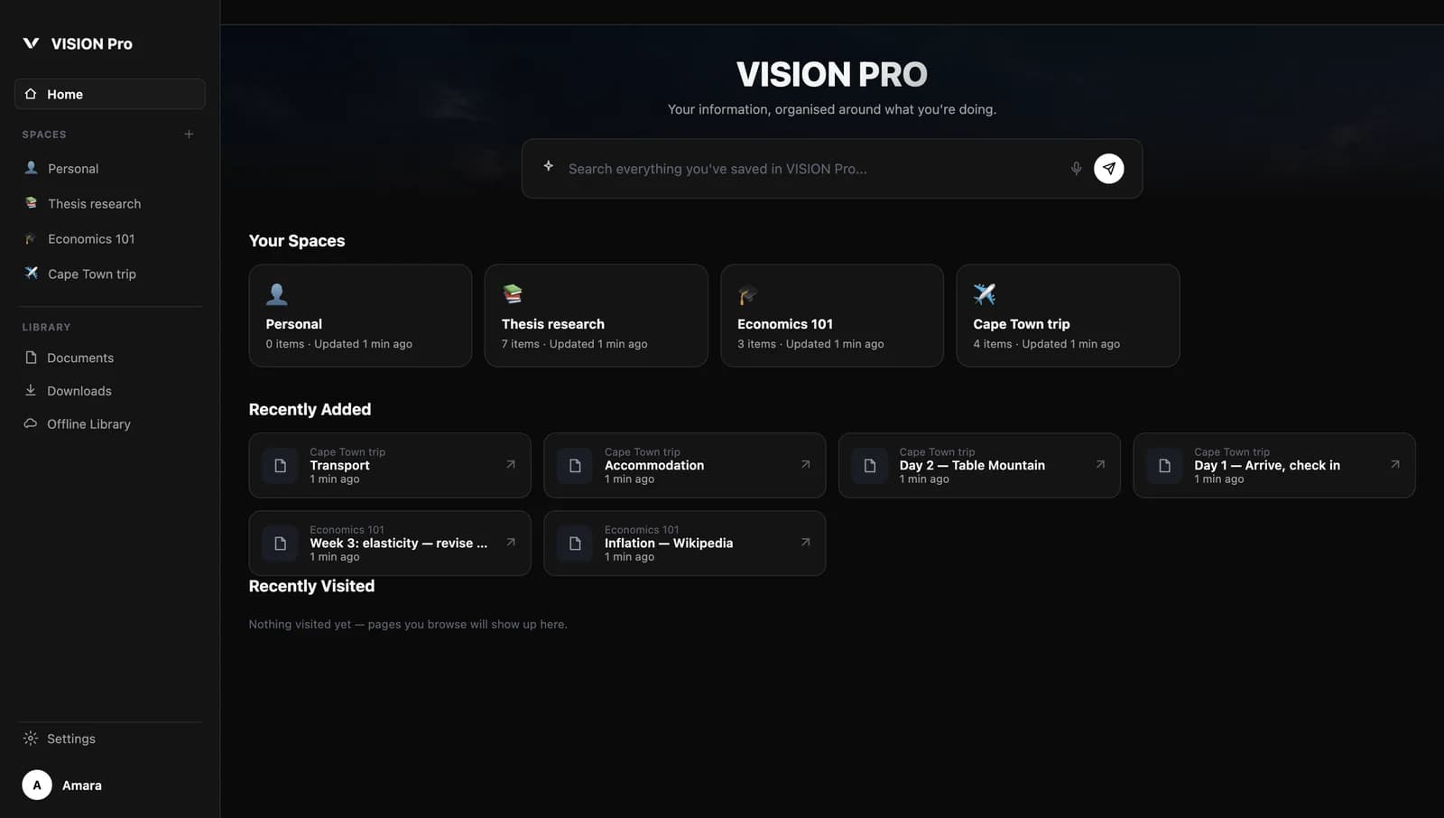 VISION Pro home with Spaces for Personal, Thesis research, Economics 101 and a Cape Town trip, a search box for everything saved, and recently added items.