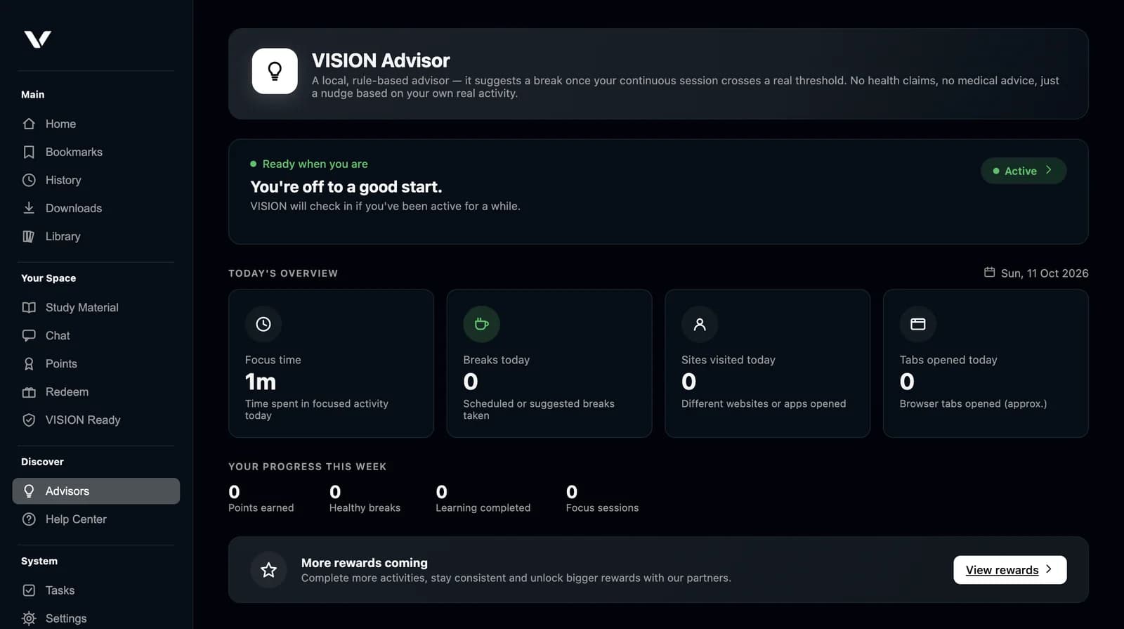 VISION Advisor with Today's Overview: focus time, breaks today, sites visited and tabs opened.