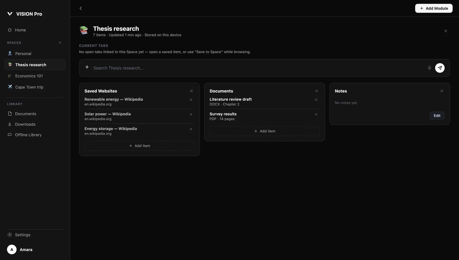 A VISION Pro Space called Thesis research, with Saved Websites, Documents and Notes modules, stored on the device.